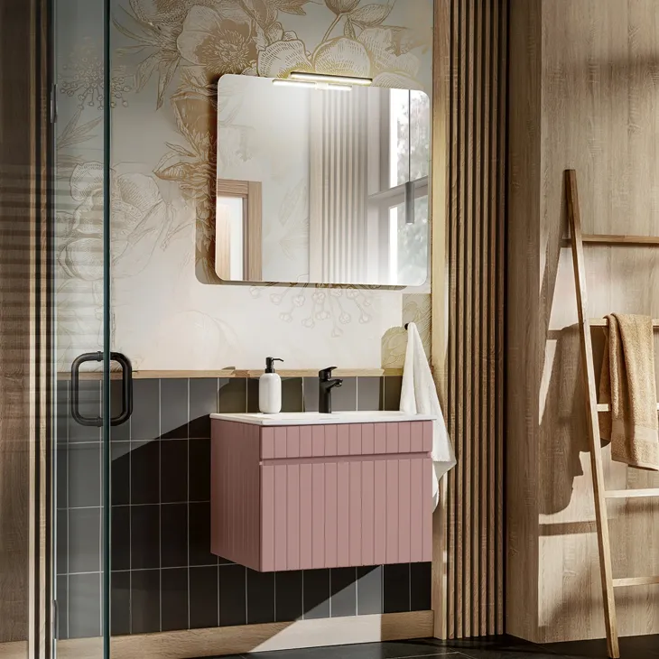 Mobile bagno sospeso 60cm cannettato con lavabo 1 cassettone rosa Autentic