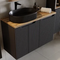 Mobile bagno sospeso 100cm cannettato con portabiancheria nero rovere Cleany