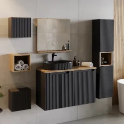 Mobile bagno sospeso 100cm cannettato con portabiancheria nero rovere Cleany