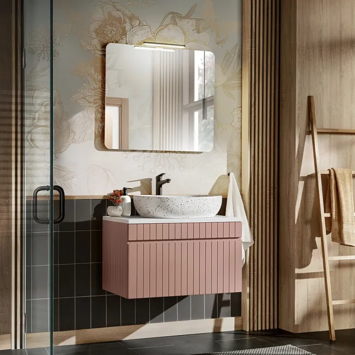 Mobile bagno sospeso 80cm cannettato 1 cassettone rosa Autentic