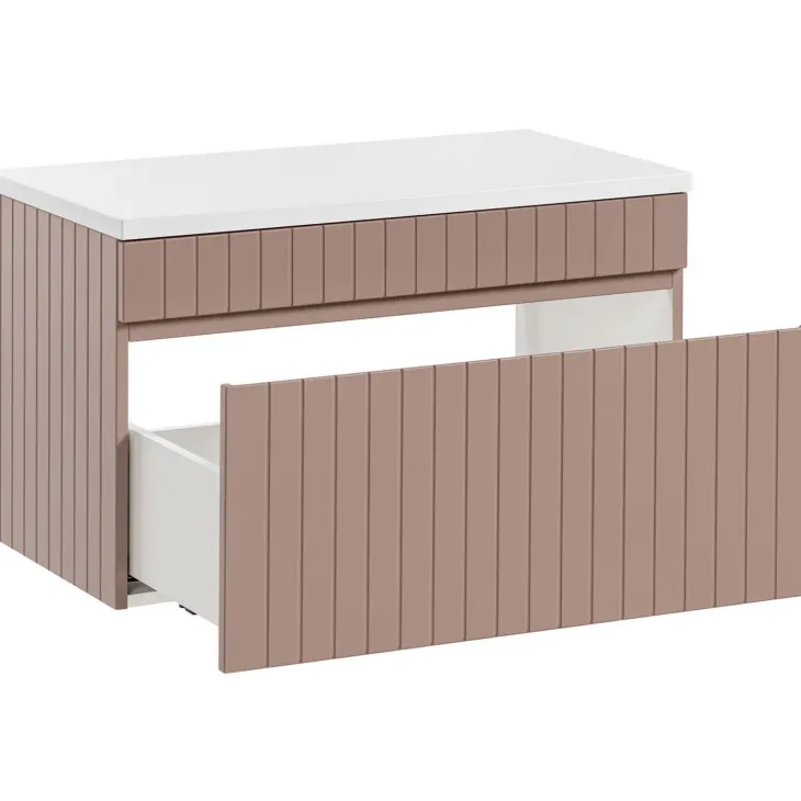 Mobile bagno sospeso 80cm cannettato con lavabo, colonna e specchio rosa Autentic
