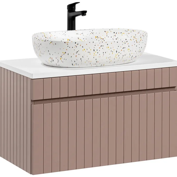 Mobile bagno sospeso 80cm cannettato con lavabo, colonna e specchio rosa Autentic