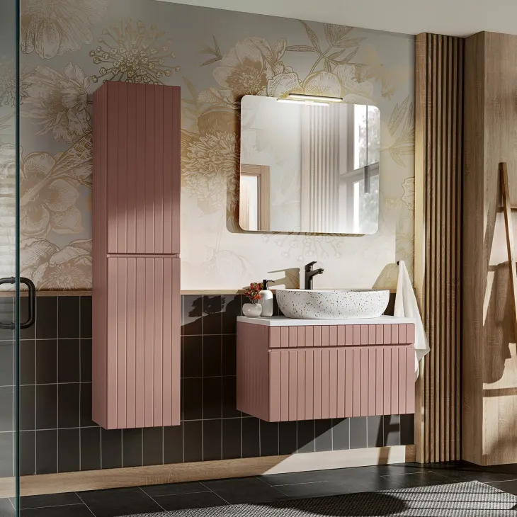 Mobile bagno sospeso 80cm cannettato con lavabo, colonna e specchio rosa Autentic