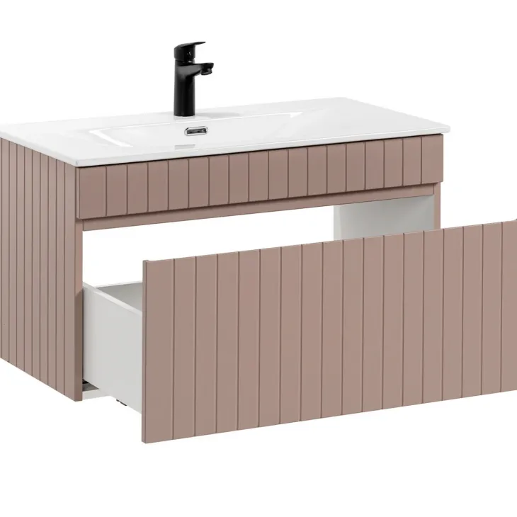 Mobile bagno sospeso 80cm cannettato con lavabo da incasso, colonna e specchio rosa Autentic