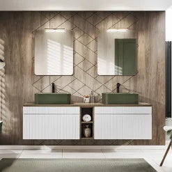 Mobile bagno sospeso 180cm cannettato 2 cassettoni bianco quercia Autentic