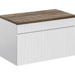 Mobile bagno sospeso 100cm cannettato con lavabo, colonna e specchio bianco quercia Autentic