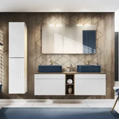 Mobile bagno sospeso 140cm cannettato con 2 lavabi, colonna e specchio bianco quercia Autentic