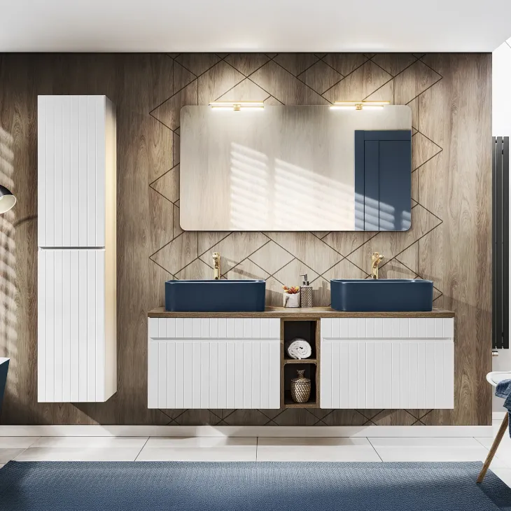 Mobile bagno sospeso 140cm cannettato con 2 lavabi, colonna e specchio bianco quercia Autentic
