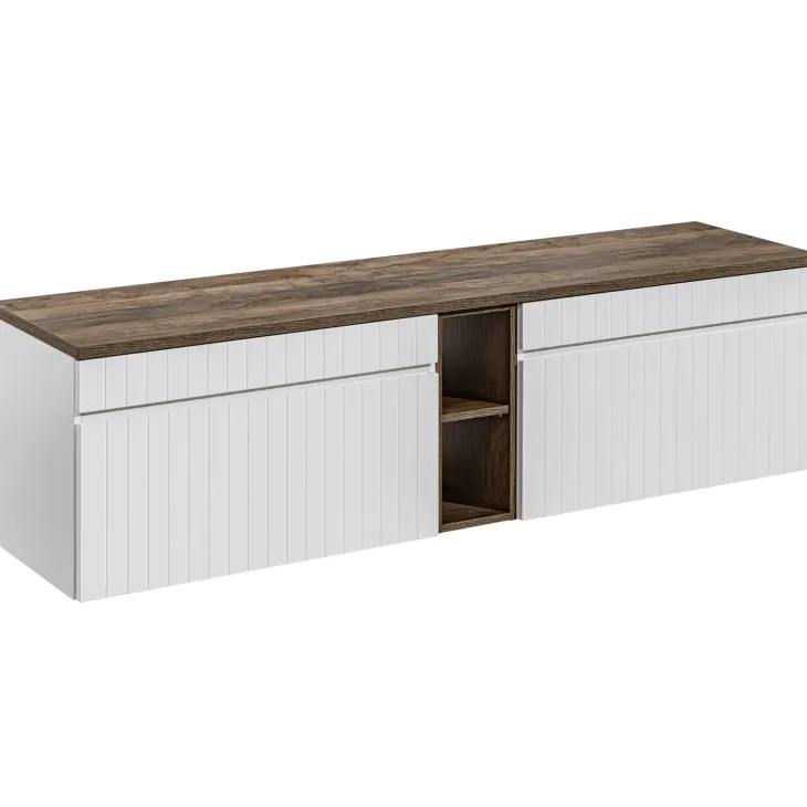 Mobile bagno sospeso 180cm cannettato con 2 lavabi, colonna e 2 specchi bianco quercia Autentic