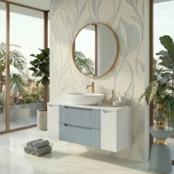 Mobile bagno sospeso 100cm cannettato 2 cassetti azzurro bianco Celestiale