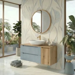 Mobile bagno sospeso 100cm cannettato con cesto portabiancheria azzurro rovere Celestiale