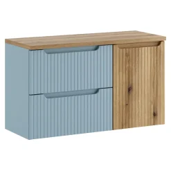Mobile bagno sospeso 100cm cannettato con cesto portabiancheria azzurro rovere Celestiale