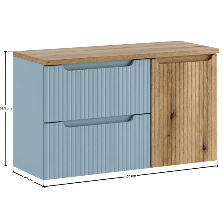 Mobile bagno sospeso 100cm cannettato con cesto portabiancheria azzurro rovere Celestiale
