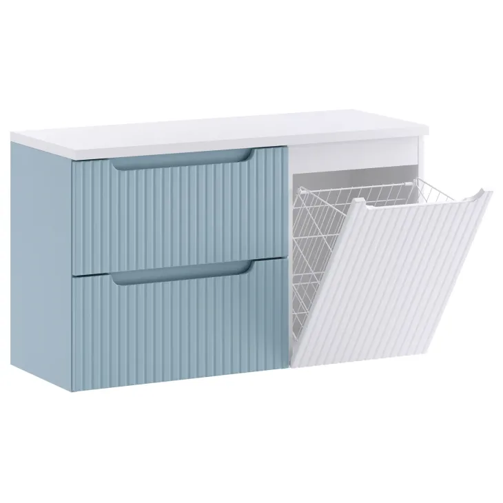 Mobile bagno sospeso 100cm cannettato con cesto portabiancheria azzurro bianco Celestiale