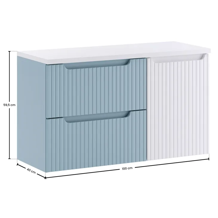 Mobile bagno sospeso 100cm cannettato con cesto portabiancheria azzurro bianco Celestiale