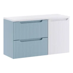 Mobile bagno sospeso 100cm cannettato con cesto portabiancheria azzurro bianco Celestiale
