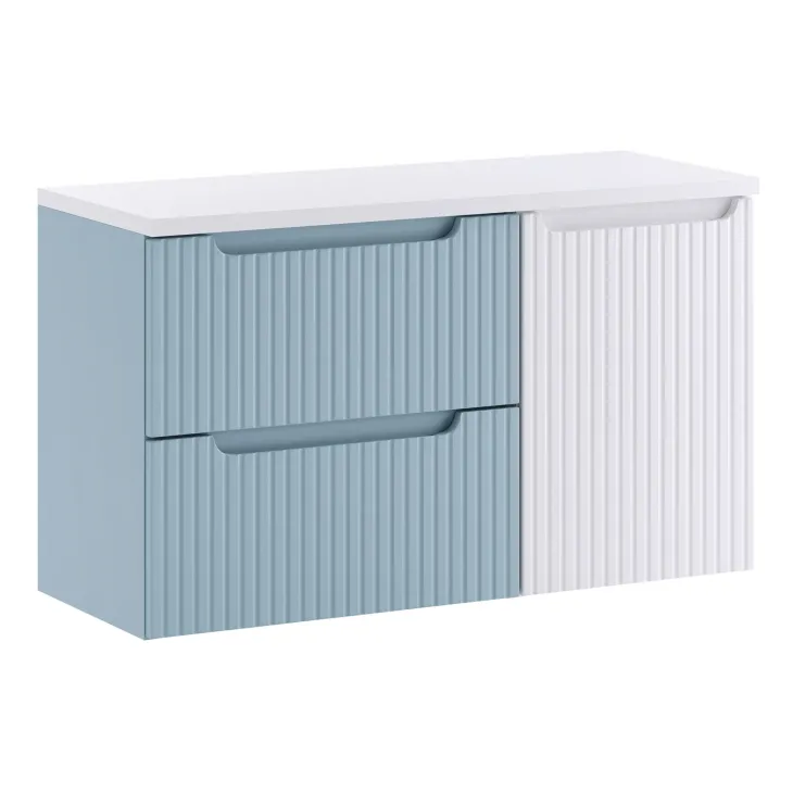 Mobile bagno sospeso 100cm cannettato con cesto portabiancheria azzurro bianco Celestiale