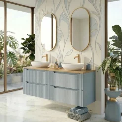 Mobile bagno sospeso 120cm cannettato 4 cassetti azzurro rovere Celestiale