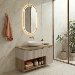 Mobile bagno sospeso 80cm cannettato con cassetto anta e vano beige rovere Cleany