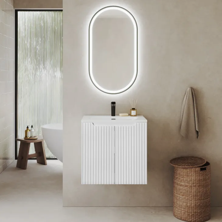 Mobile bagno sospeso 60cm cannettato con lavabo 2 ante bianco Cleany