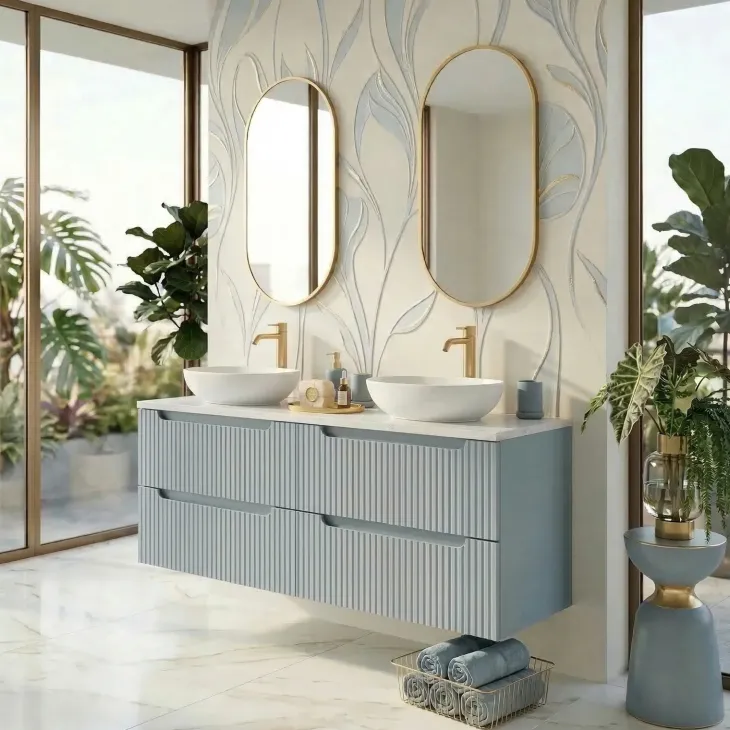 Mobile bagno sospeso 120cm cannettato 4 cassetti azzurro bianco Celestiale