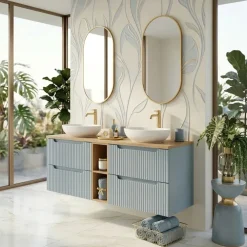 Mobile bagno sospeso 140cm cannettato con vani azzurro rovere Celestiale
