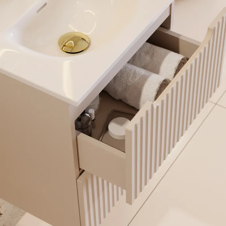 Mobile bagno sospeso 60cm cannettato con lavabo 2 cassetti beige Cleany