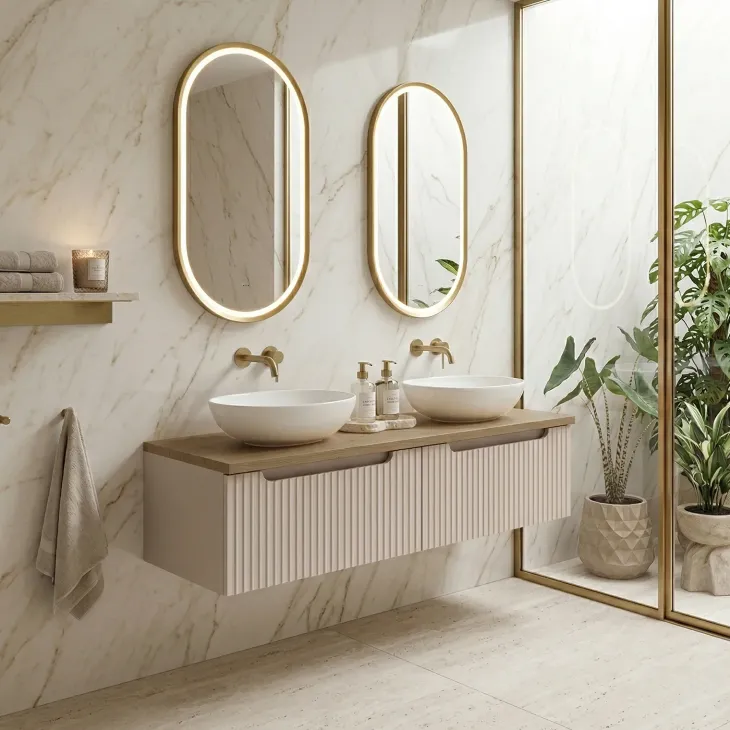Mobile bagno sospeso 120cm cannettato 2 cassetti beige rovere Cleany
