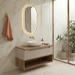 Mobile bagno sospeso 80cm cannettato 1 cassetto e vano beige rovere Cleany