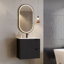 Mobile bagno sospeso 60cm cannettato con lavabo 2 cassetti nero Cleany