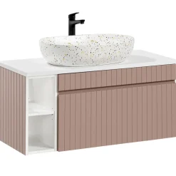Mobile bagno sospeso 100cm cannettato con lavabo, colonna e specchio rosa Autentic