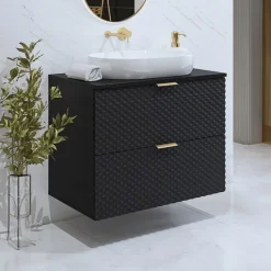 Mobile bagno sospeso 81cm 2 cassetti nero frontali decorati Konny