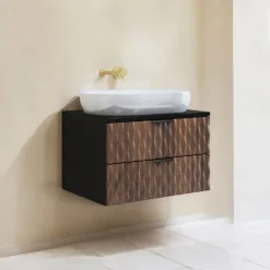 Mobile bagno sospeso 64cm 2 cassetti nero frontali noce decorati Silvy