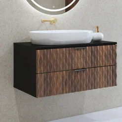 Mobile bagno sospeso 82cm 2 cassetti nero frontali noce decorati Silvy