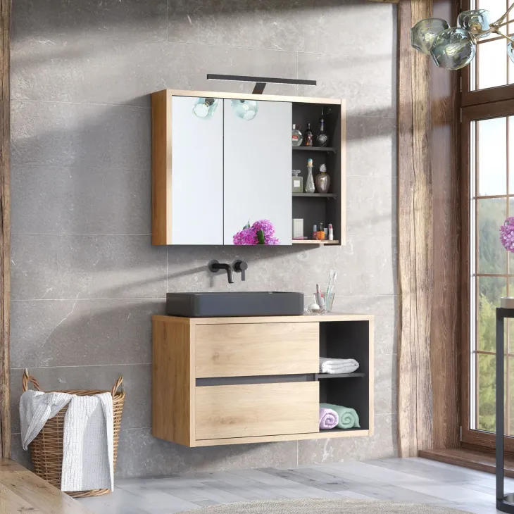 Mobile bagno sospeso 100cm 2 cassetti rovere antracite Veny