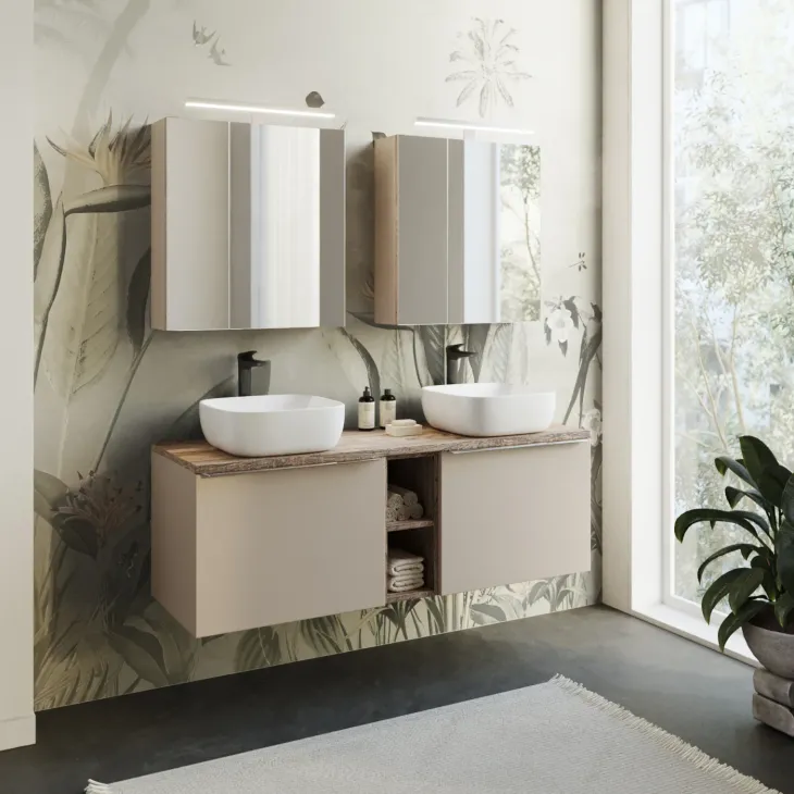 Mobile bagno sospeso 140cm 2 cassettoni e 2 cassetti attrezzati e 2 vani grigio quercia Serif