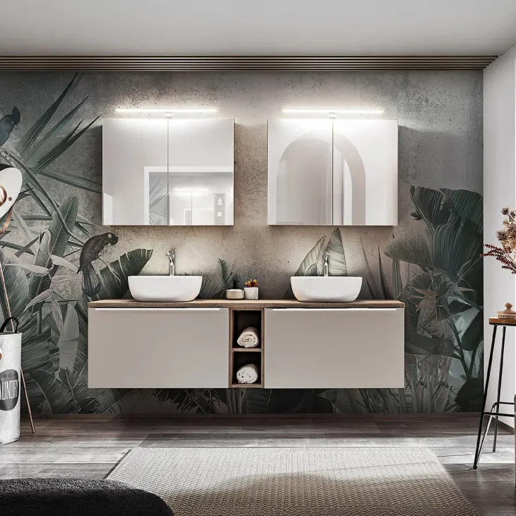 Mobile bagno sospeso 180cm 2 cassettoni e 2 cassetti attrezzati e 2 vani grigio quercia Serif