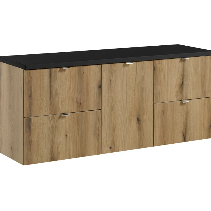 Mobile bagno sospeso 140cm 4 cassetti e portabiancheria rovere nero Rovery