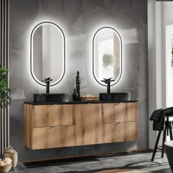 Mobile bagno sospeso 140cm 4 cassetti e portabiancheria rovere nero Rovery