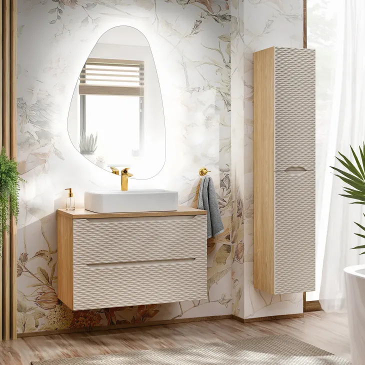 Mobile bagno sospeso 80cm 2 cassetti beige rovere Swim