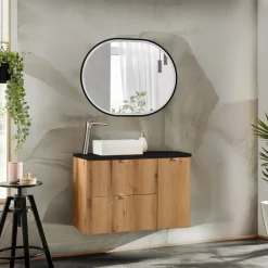 Mobile bagno sospeso 90cm 2 cassetti 1 anta rovere nero Rovery