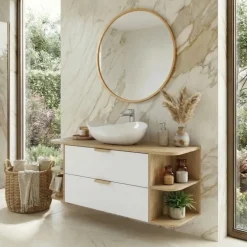 Mobile bagno sospeso 120cm 2 cassetti bianco rovere Speranza