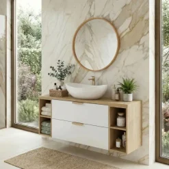 Mobile bagno sospeso 120cm 2 cassetti e vani bianco rovere Speranza