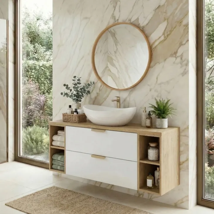Mobile bagno sospeso 120cm 2 cassetti e vani bianco rovere Speranza