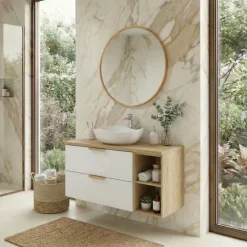 Mobile bagno sospeso 80cm 2 cassetti e vani bianco rovere Speranza