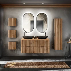 Mobile bagno sospeso 120cm 4 cassetti cannettato quercia antracite Limpid