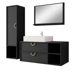 Mobile bagno sospeso 100 cm 2 cassetti con specchio e colonna nero Mirea