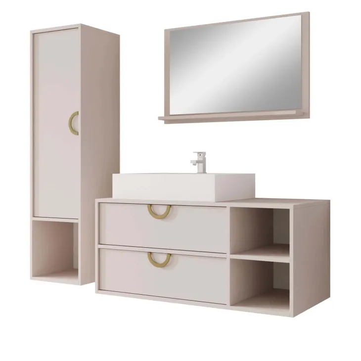 Mobile bagno sospeso 100 cm 2 cassetti con specchio e colonna beige cashmere Mirea