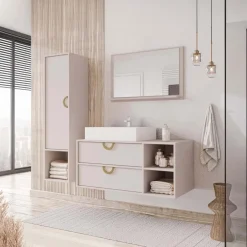Mobile bagno sospeso 100 cm 2 cassetti con specchio e colonna beige cashmere Mirea