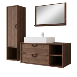 Mobile bagno sospeso 100 cm 2 cassetti con specchio e colonna rovere scuro Mirea
